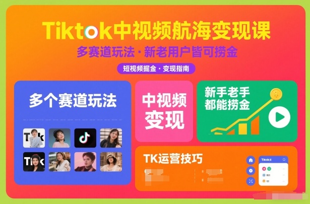 Tiktok中视频航海变现课，多个赛道玩法，新手老手都能在TK中视频捞金-千汇网创