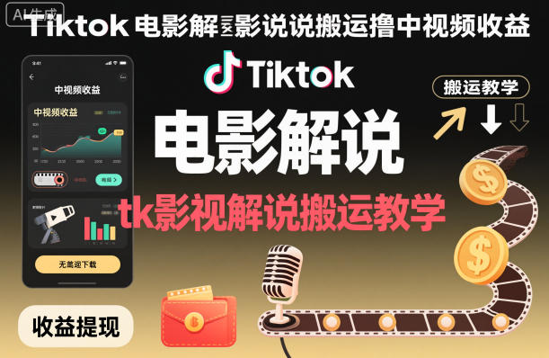 Tiktok电影解说搬运撸中视频收益，tk影视解说搬运教学-千汇网创