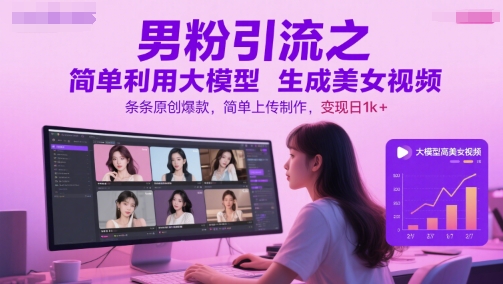男粉引流之简单利用大模型生成美女视频，条条原创爆款，简单上传制作，变现日1k+-千汇网创