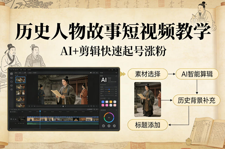 历史人物故事短视频教学，AI+剪辑制作历史人物题材短视频，快速起号涨粉-千汇网创