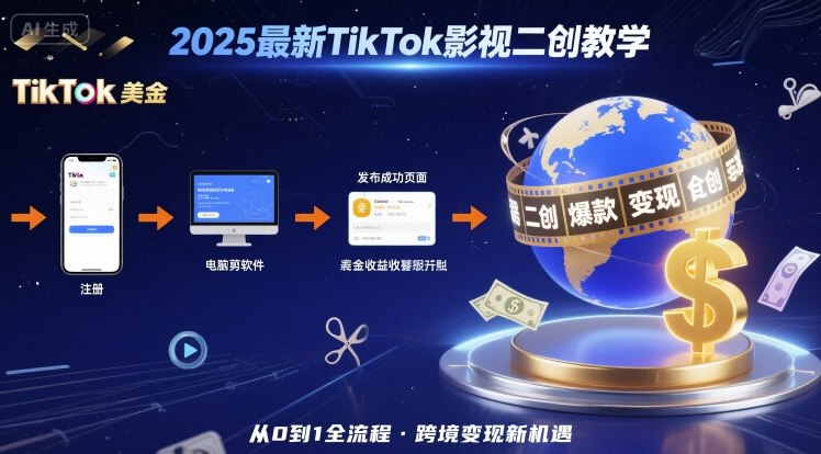 2025年最新TikTok影视二创教学，从注册到发布撸美金全流程，跨境变现新机遇-千汇网创