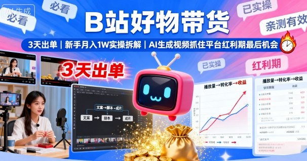 B站好物带货，3天出单，新手月入1W实操拆解，AI生成视频，抓住平台红利期最后机会-千汇网创