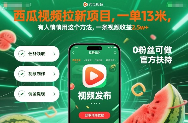 西瓜视频拉新项目，一单13米，有人悄悄用这个方法，一条视频收益2.5w+(附详细教程)-千汇网创