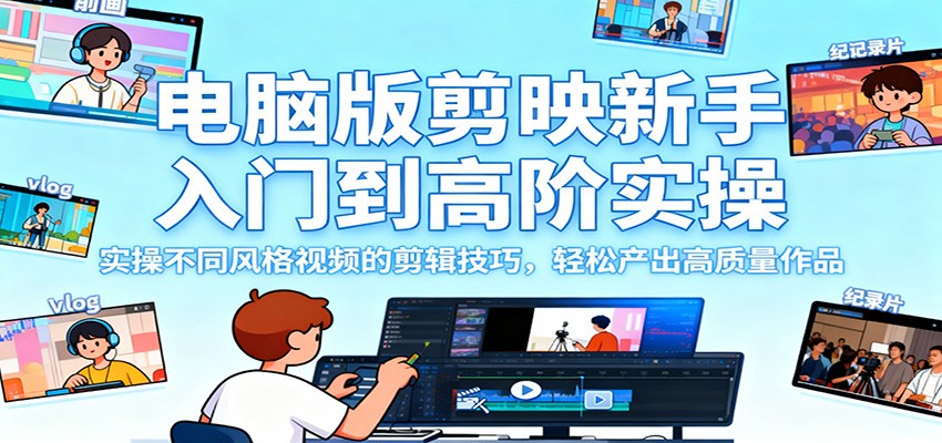 电脑版剪映新手入门到高阶实操，实操不同风格视频的剪辑技巧，轻松产出高质量作品-千汇网创