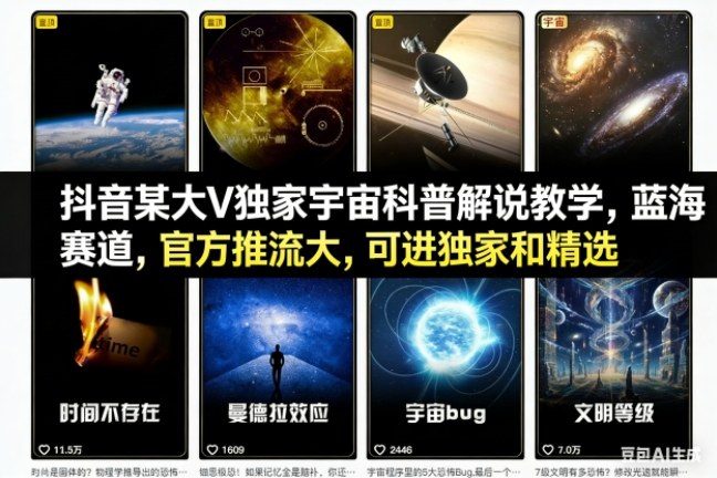 抖音某大V独家宇宙科普解说教学，蓝海赛道，官方推流大，可进独家和精选-千汇网创