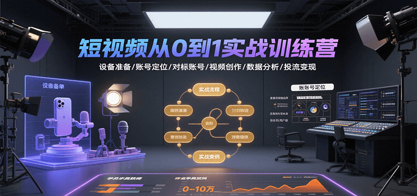 短视频从0到1实战训练营：设备准备/账号定位/对标账号/视频创作/数据分析/投流变现-千汇网创
