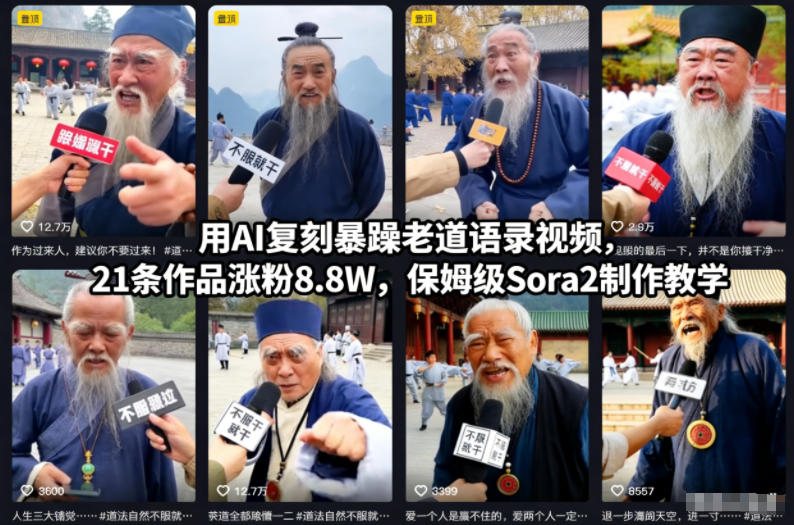 用AI复刻暴躁老道语录视频，21条作品涨粉8.8W，保姆级Sora2制作教学-千汇网创