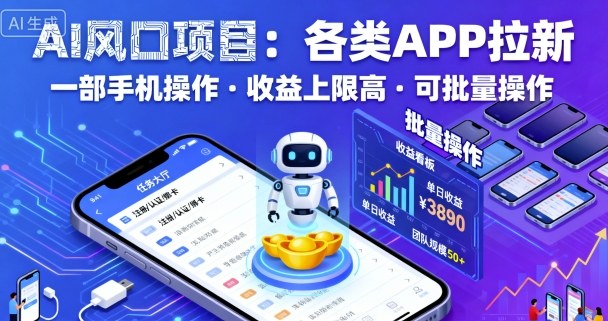 AI风口项目，各类APP拉新，一部手机就可以操作，收益上限高，可批量操作-千汇网创