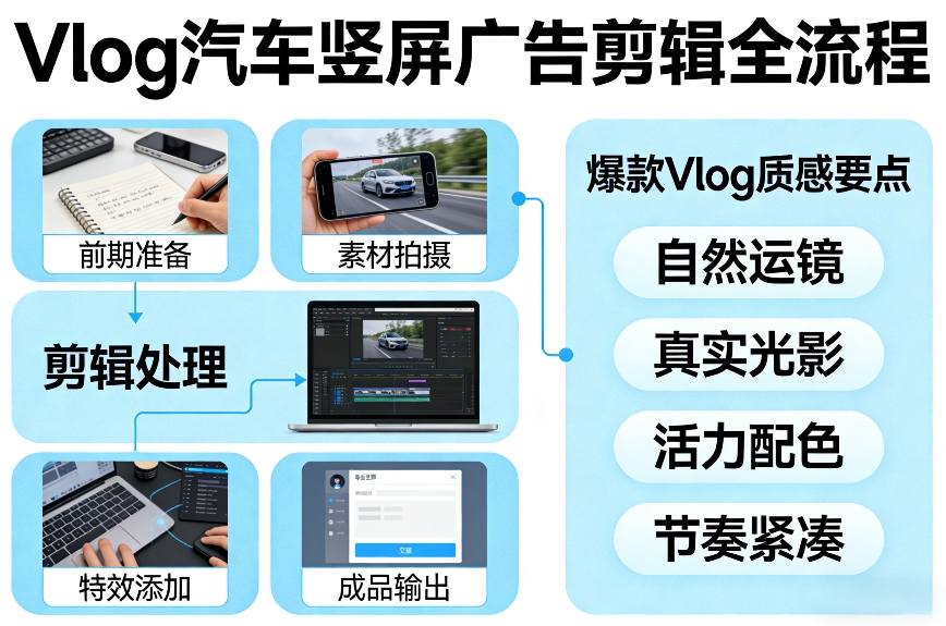 Vlog感觉汽车竖屏广告剪辑脚本全流程，拿捏爆款Vlog质感-千汇网创