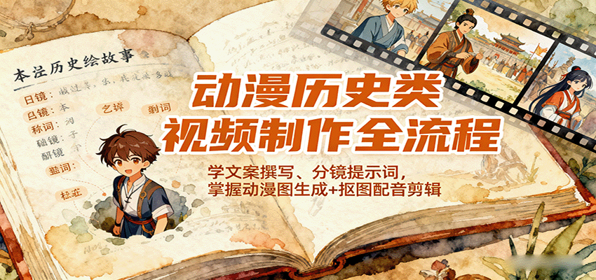 动漫历史类视频制作全流程，学文案撰写、分镜提示词，掌握动漫图生成+抠图配音剪辑-千汇网创