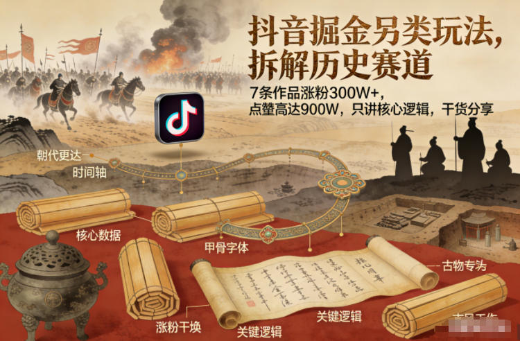 抖音掘金另类玩法，拆解历史赛道，7条作品涨粉300W+，点赞量高达900W，只讲核心逻辑，干货分享-千汇网创
