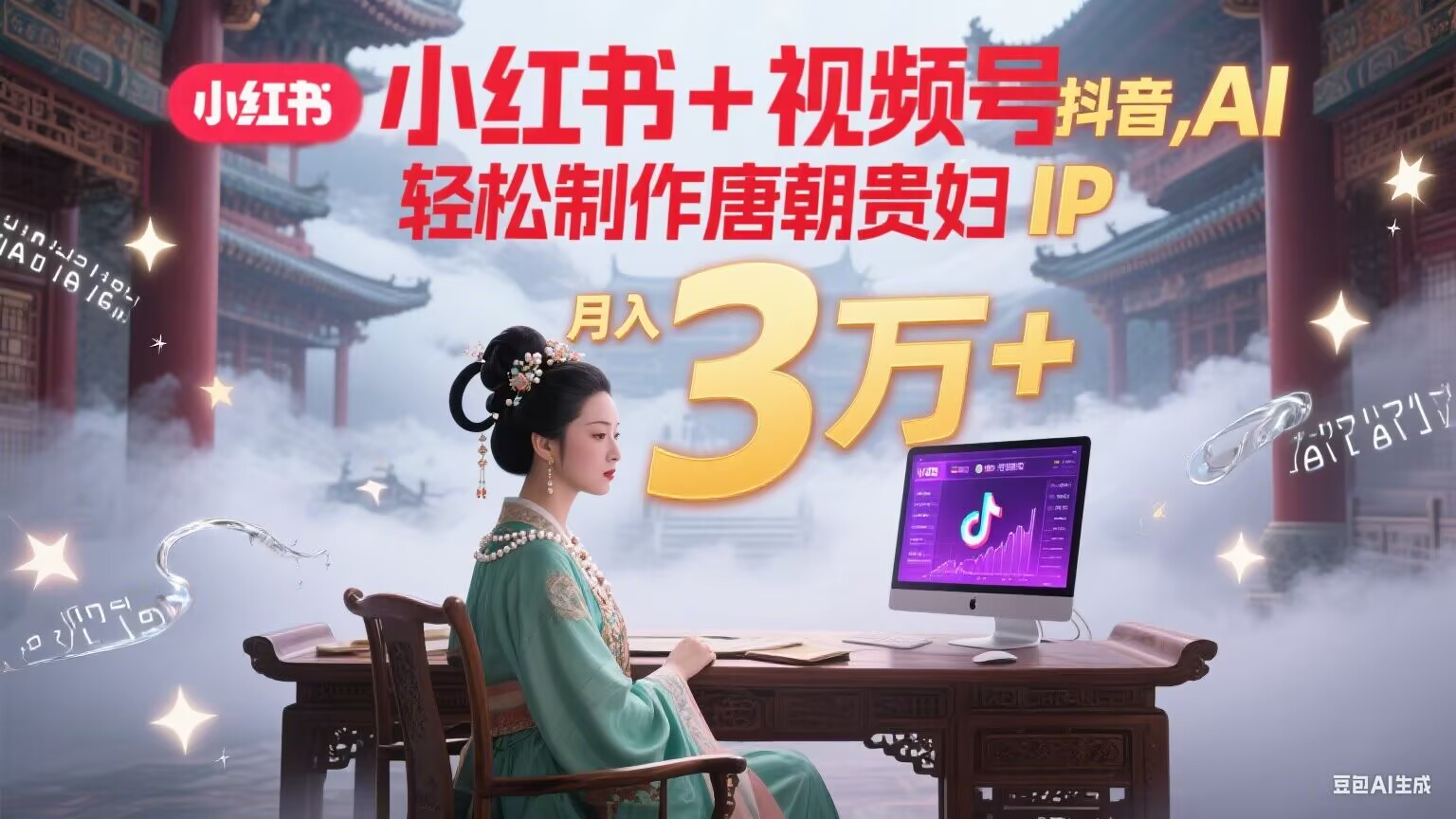 小红书+视频号+抖音，AI轻松制作唐朝贵妇IP，毒鸡汤、励志、减肥瘦身、养生赛道轻松切入，每天30分钟，轻松产出N条，月入3万+-千汇网创