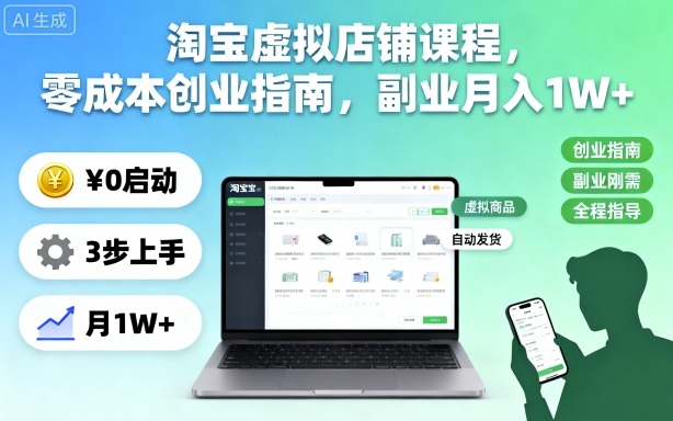 淘宝虚拟店铺课程，零成本创业指南，副业月入1W+-千汇网创
