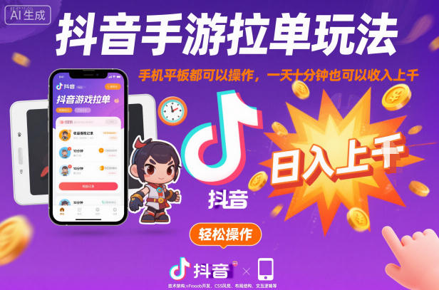 抖音手游拉单玩法，手机平板都可以操作，一天十分钟也可以收入上K【揭秘】-千汇网创