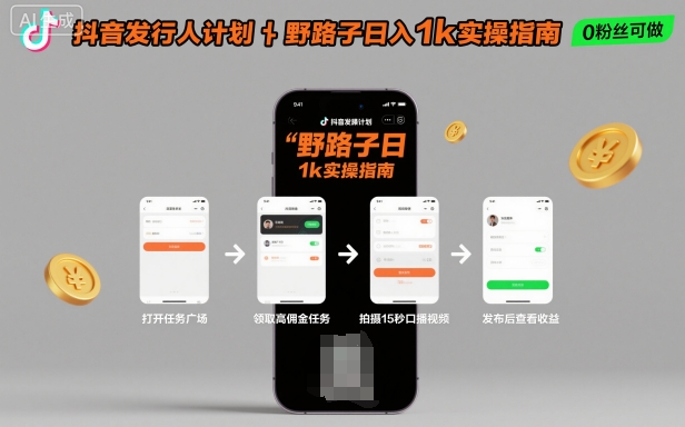抖音发行人计划全新野路子玩法，随时随地，只要有手机，就能操作，日入1k+【揭秘】-千汇网创