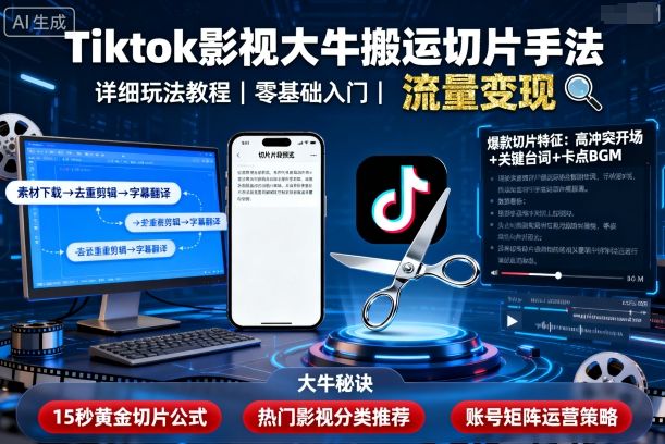 Tiktok影视大牛搬运切片手法，详细玩法教程-千汇网创