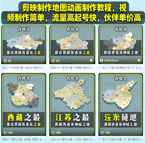 剪映制作地图动画制作教程，视频制作简单，流量高起号快，伙伴单价高-千汇网创