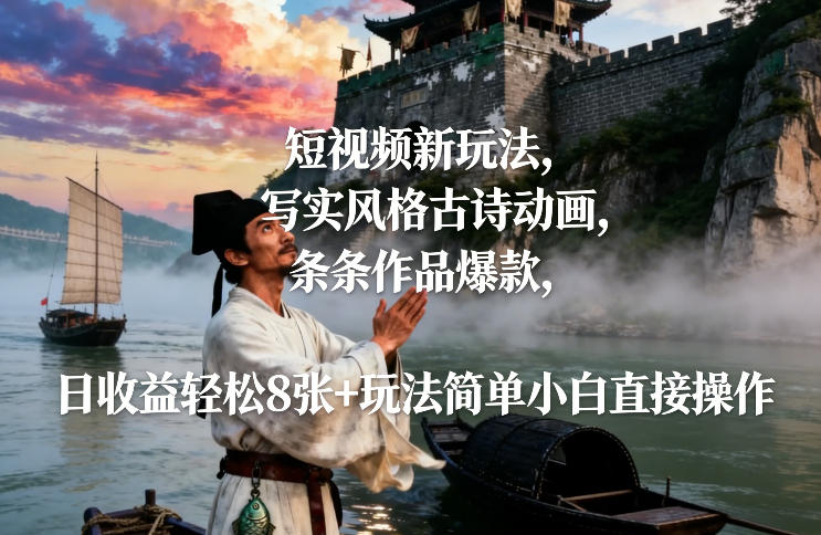 短视频新玩法，写实风格古诗动画，条条作品爆款，日收益轻松8张+玩法简单小白直接操作-千汇网创