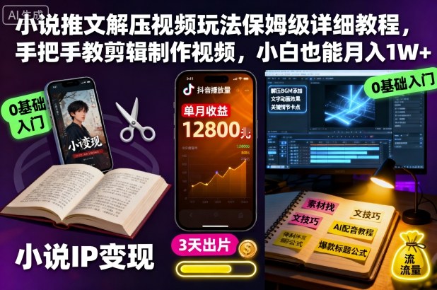 小说推文解压视频玩法保姆级详细教程，手把手教剪辑制作视频，小白也能月入1W+-千汇网创