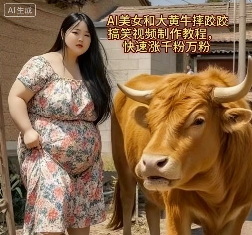 AI美女和大黄牛摔跤搞笑荒诞视频制作教程，快速涨千粉万粉-千汇网创