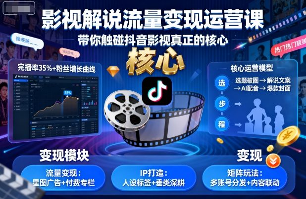 影视解说流量变现运营课，带你触碰抖音影视真正的核心-千汇网创