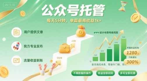 【公众号托管 】我提供文章，你发布，每天5分钟，单篇最高收益1k+【揭秘】-千汇网创