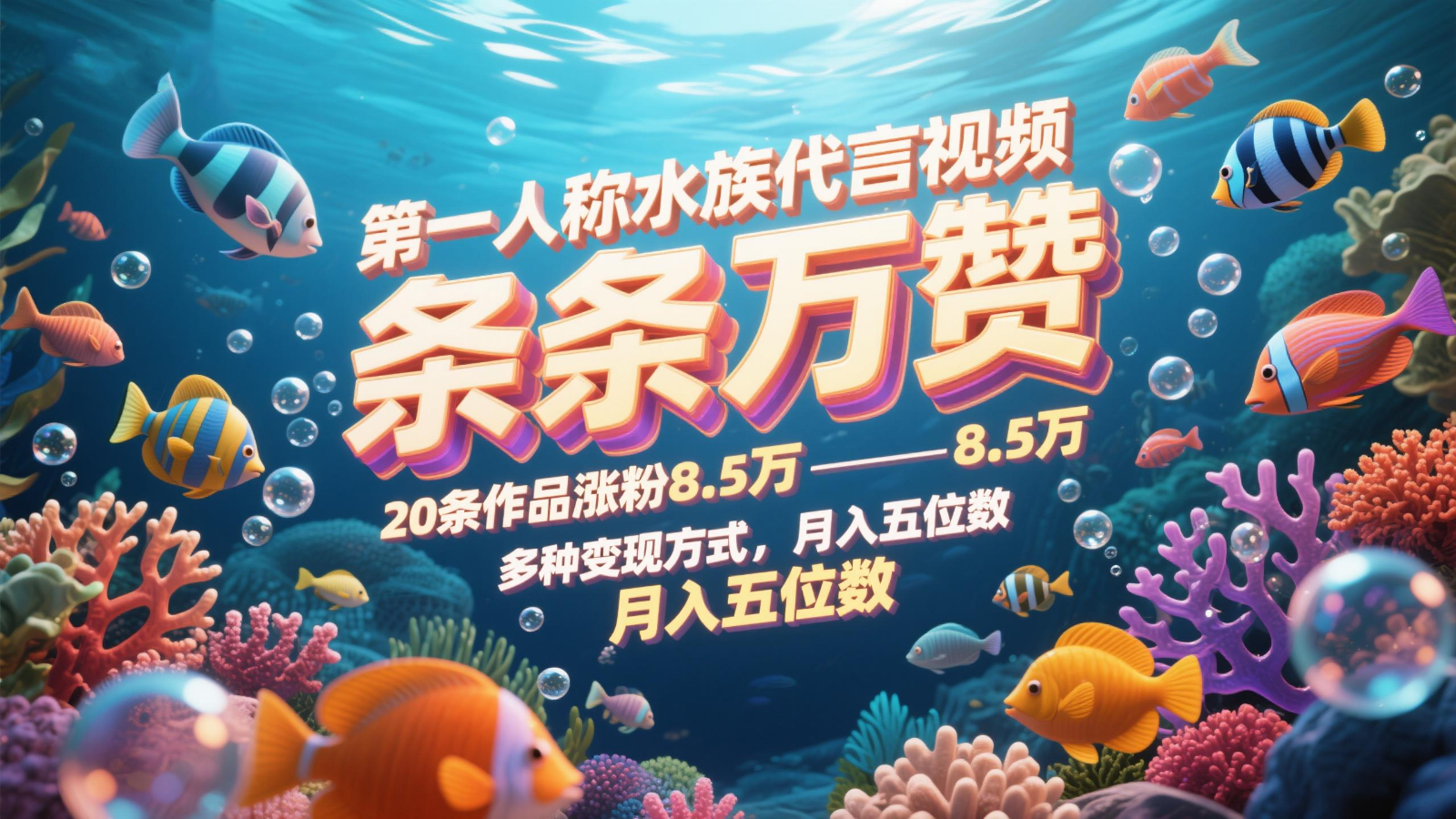 第一人称水族代言视频，条条万赞，20条作品涨粉8.5万，多种变现方式月，入五位数-千汇网创