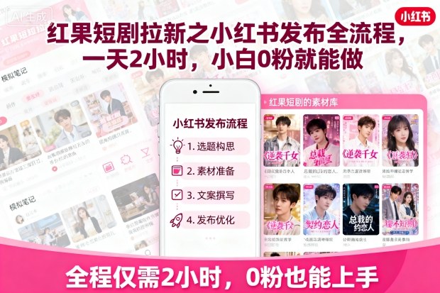 红果短剧拉新之小红书发布全流程，一天2小时，小白0粉就能做-千汇网创