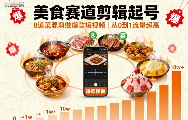 美食赛道剪辑起号，8道菜混剪做爆款短视频，从0到1，流量超高-千汇网创