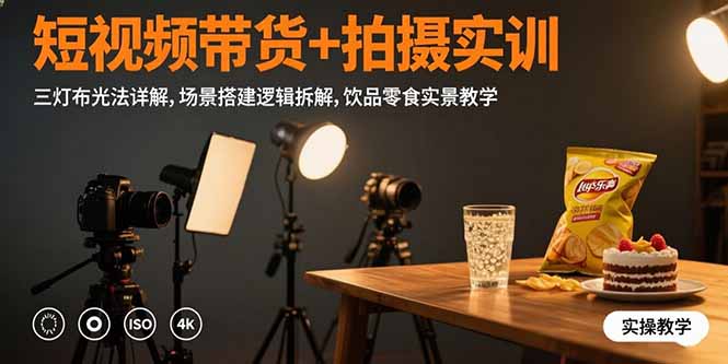 短视频带货+拍摄实训：三灯布光法详解,场景搭建逻辑拆解,饮品零食实景教学-千汇网创