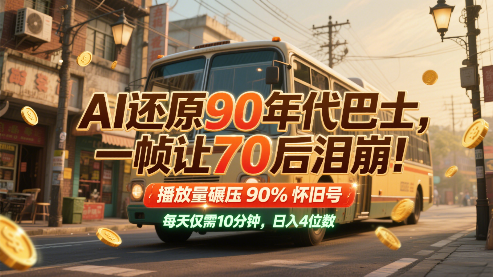 AI还原90年代巴士，一帧让70后泪崩！播放量碾压90%怀旧号，每天10分钟，日入4位数-千汇网创