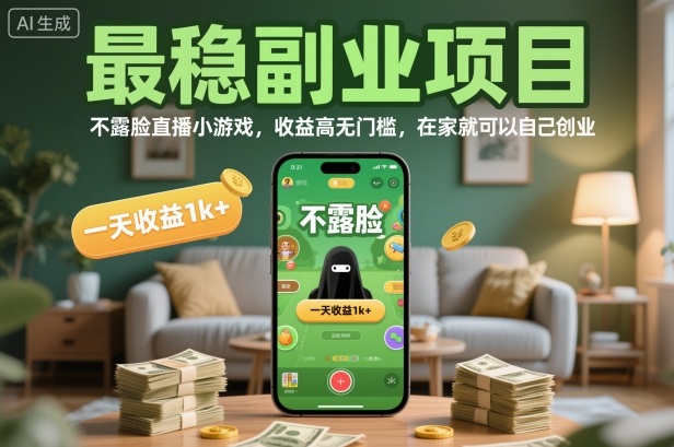 最稳副业项目，不露脸直播小游戏，收益高无门槛，一天收益1k+，在家就可以自己创业【揭秘】-千汇网创