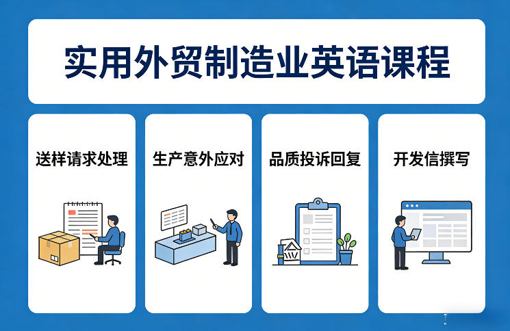 实用外贸制造业英语课程，教你专业处理送样请求、应对生产意外、回复品质投诉、撰写开发信等-千汇网创