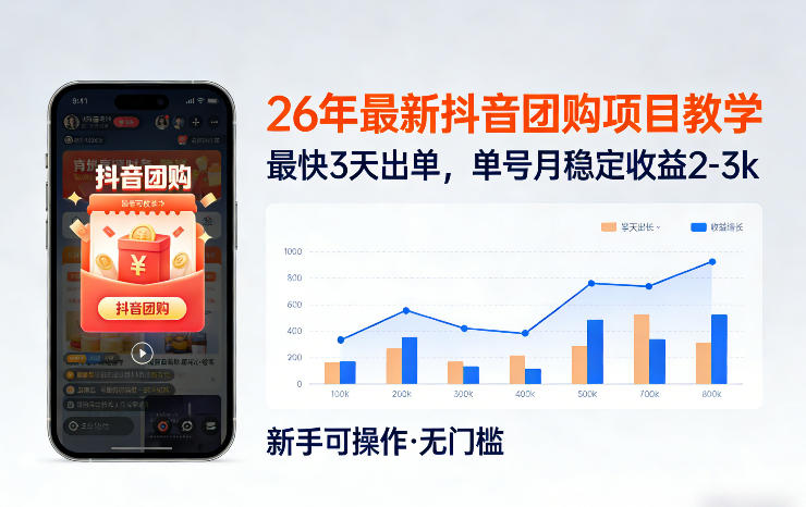 26年最新抖音团购项目教学，0门槛，最快3天出单，单号月稳定收益2-3k-千汇网创