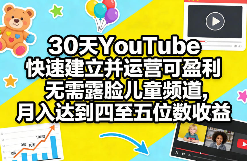 30天YouTube快速建立并运营可盈利无需露脸儿童频道，月入达到四至五位数收益-千汇网创