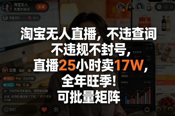 淘宝无人直播，不违规不封号，直播25小时卖17W，全年旺季！可批量矩阵【揭秘】-千汇网创