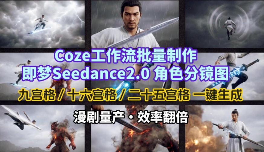 Coze工作流批量制作即梦Seedance2.0角色分镜图，九宫格-十六宫格-二十五宫格一键生成，漫剧量产，效率翻倍-千汇网创