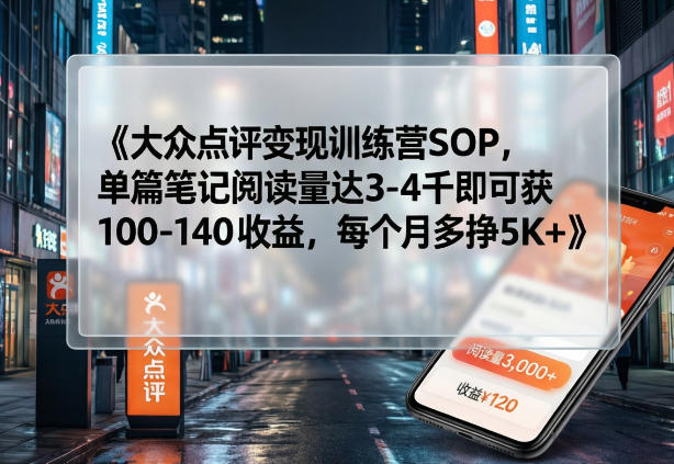 大众点评变现训练营SOP，单篇笔记阅读量达3-4千即可获100-140收益，每个月多挣5K+-千汇网创