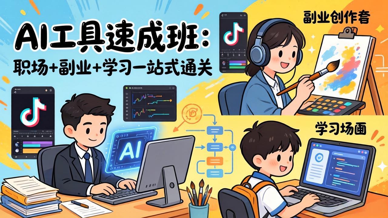 AI工具速成班：职场+副业+学习一站式通关，20+爆款类型+剪映技巧+抖音算法，0基础快速上手-千汇网创