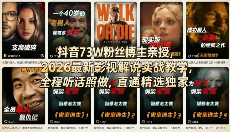 抖音73W粉丝博主亲授，2026最新影视解说实战教学，全程听话照做，直通精选独家-千汇网创