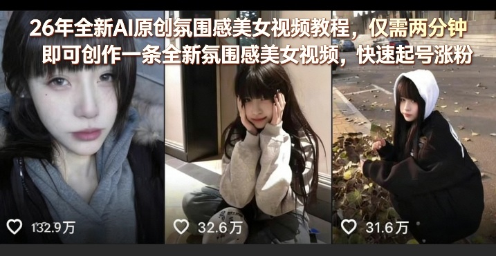 26年全新AI原创氛围感美女视频教程，仅需两分钟即可创作一条全新氛围感美女视频，快速起号涨粉-千汇网创