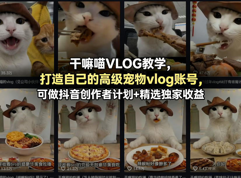 干嘛喵VLOG教学，打造自己的高级宠物vlog账号，可做抖音创作者计划+精选独家收益-千汇网创