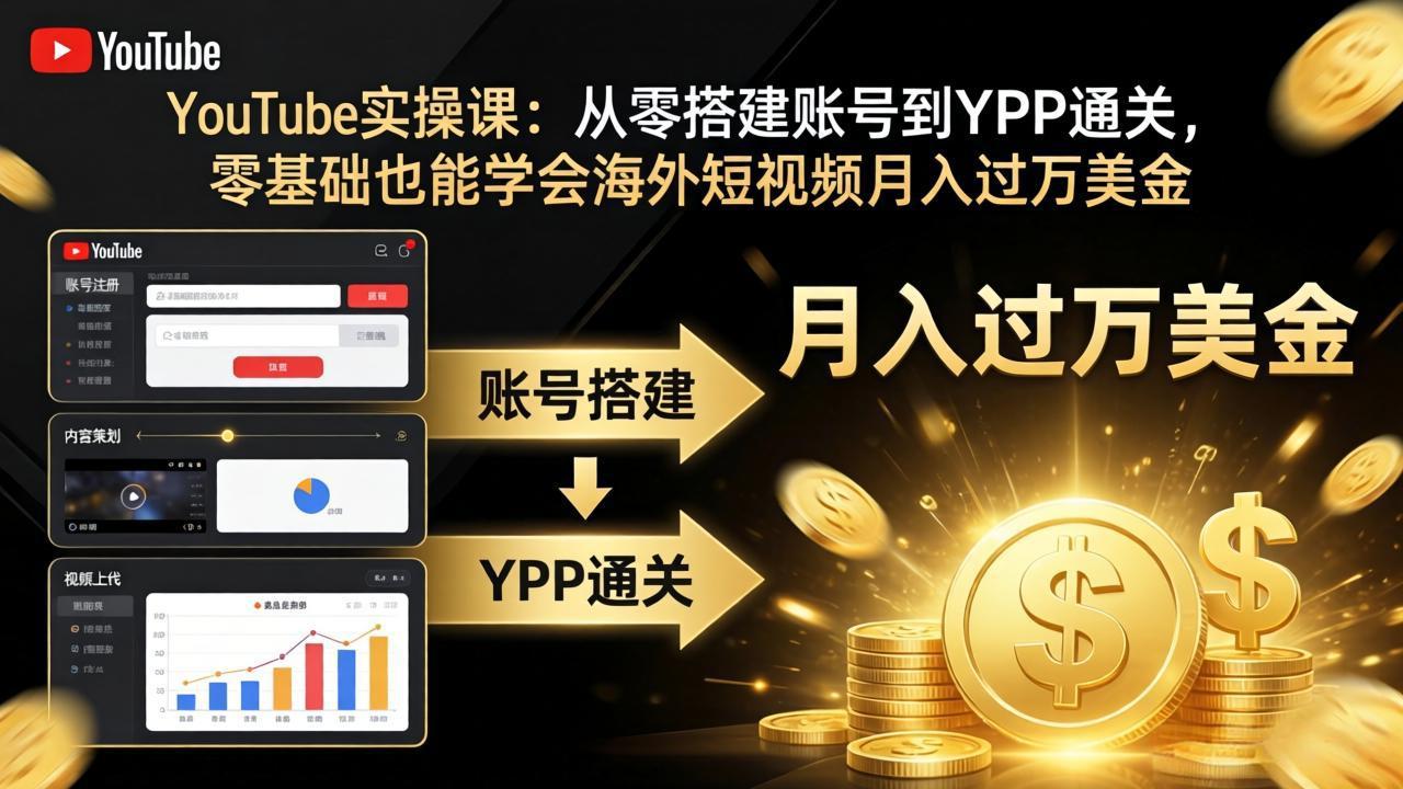 YouTube实操课：从零搭建账号到YPP通关，零基础也能学会海外短视频月入过万美金-千汇网创