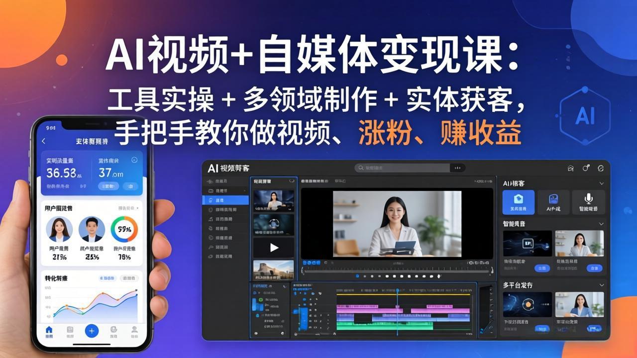 AI视频+自媒体变现课：工具实操 + 多领域制作 + 实体获客，手把手教你做视频、涨粉、赚收益-千汇网创