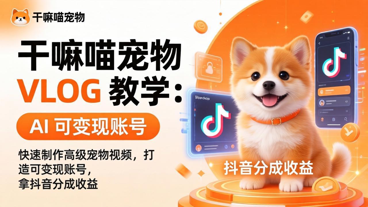 干嘛喵宠物 VLOG 教学：AI 快速制作高级宠物视频，打造可变现账号，拿抖音分成收益-千汇网创