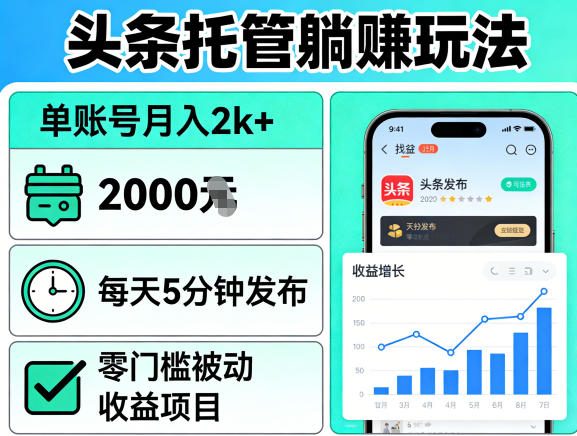 头条托管躺賺玩法，单账号月入2k+，每天5分钟发布即可，零门槛被动收益项目【揭秘】-千汇网创