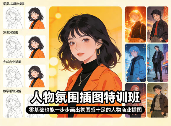 人物氛围插图特训班，零基础也能一步步画出氛围感十足的人物商业插图-千汇网创