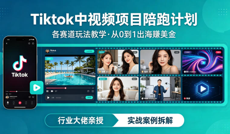 某大佬的Tiktok中视频项目陪跑，涵盖TK各个赛道玩法教学，从0到1出海賺美金-千汇网创