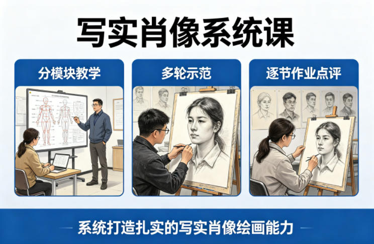 写实肖像系统课，全程分模块教学+多轮示范+逐节作业点评，系统打造扎实的写实肖像绘画能力-千汇网创