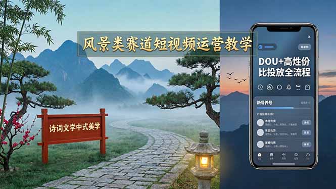 风景类赛道短视频运营教学：诗词文学中式美学，新号养号对标账号定位，DOU+高性价比投放全流程-千汇网创